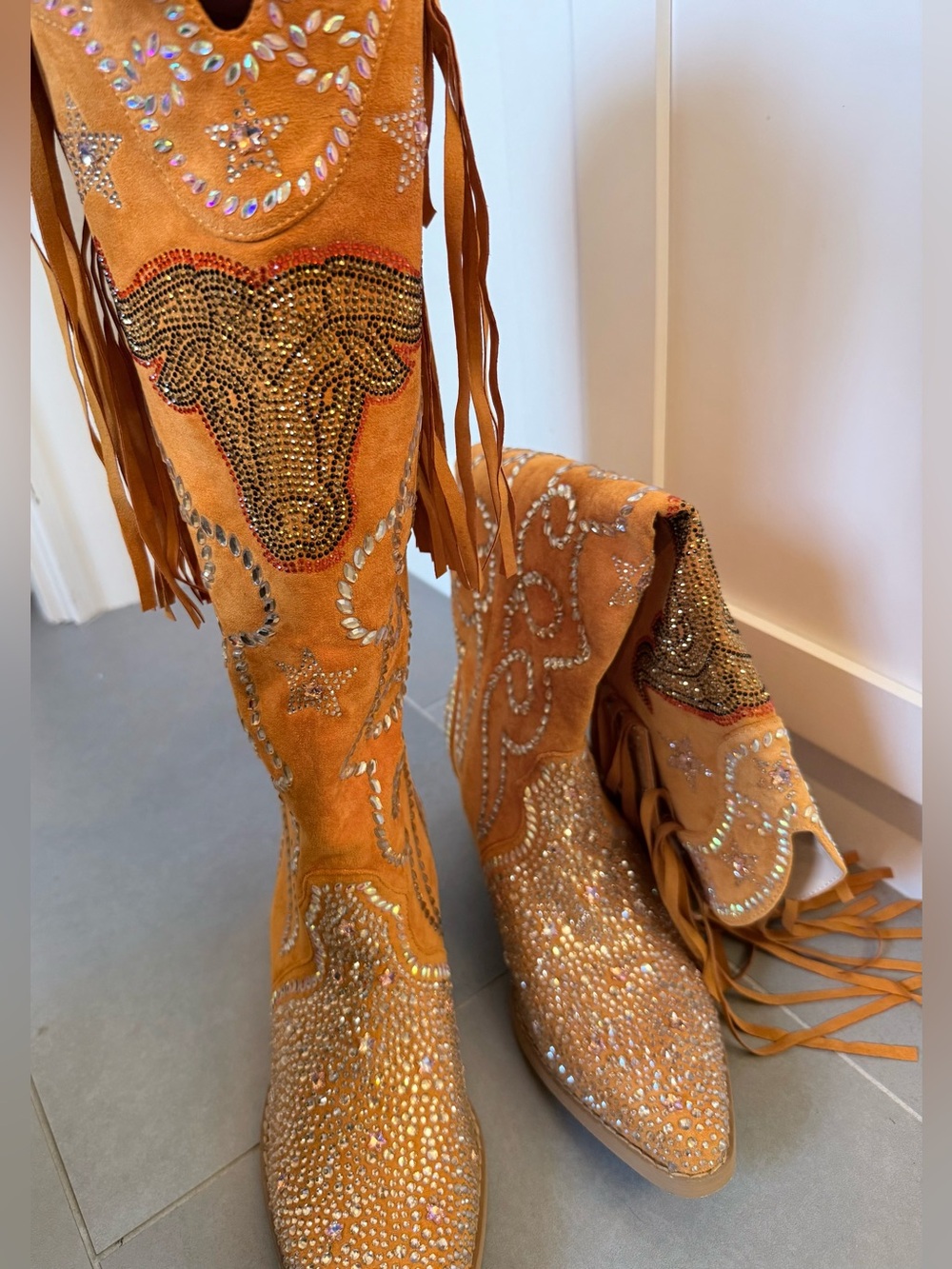 NEW Longhorn Fringe Cowboy Boots - Orange